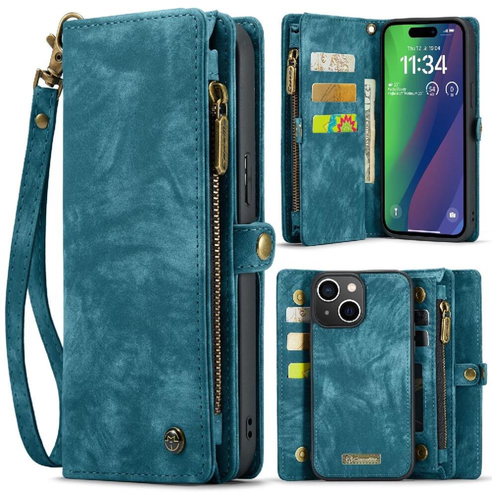 (Blue) Case for iPhone 15 Wallet Cover Trifold with TPU PC Handmade Leather Zipper Strong Magnetic Detachable Card Holder