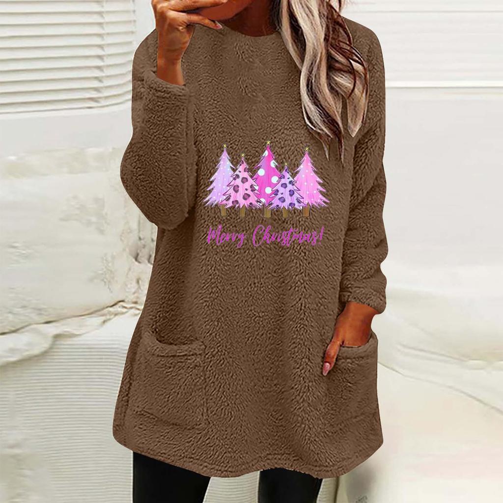 Women's Christmas Tree Print Round Neck Loose Long Sleeve Pocket Plush Hoodie