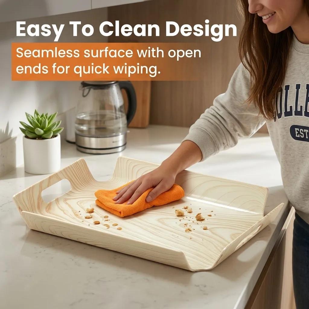 Wood Grain Plastic Serving Tray with Handles Rectangular Food Breakfast Tea Coffee Tray Kitchen Organizers Perfume Storage Tray