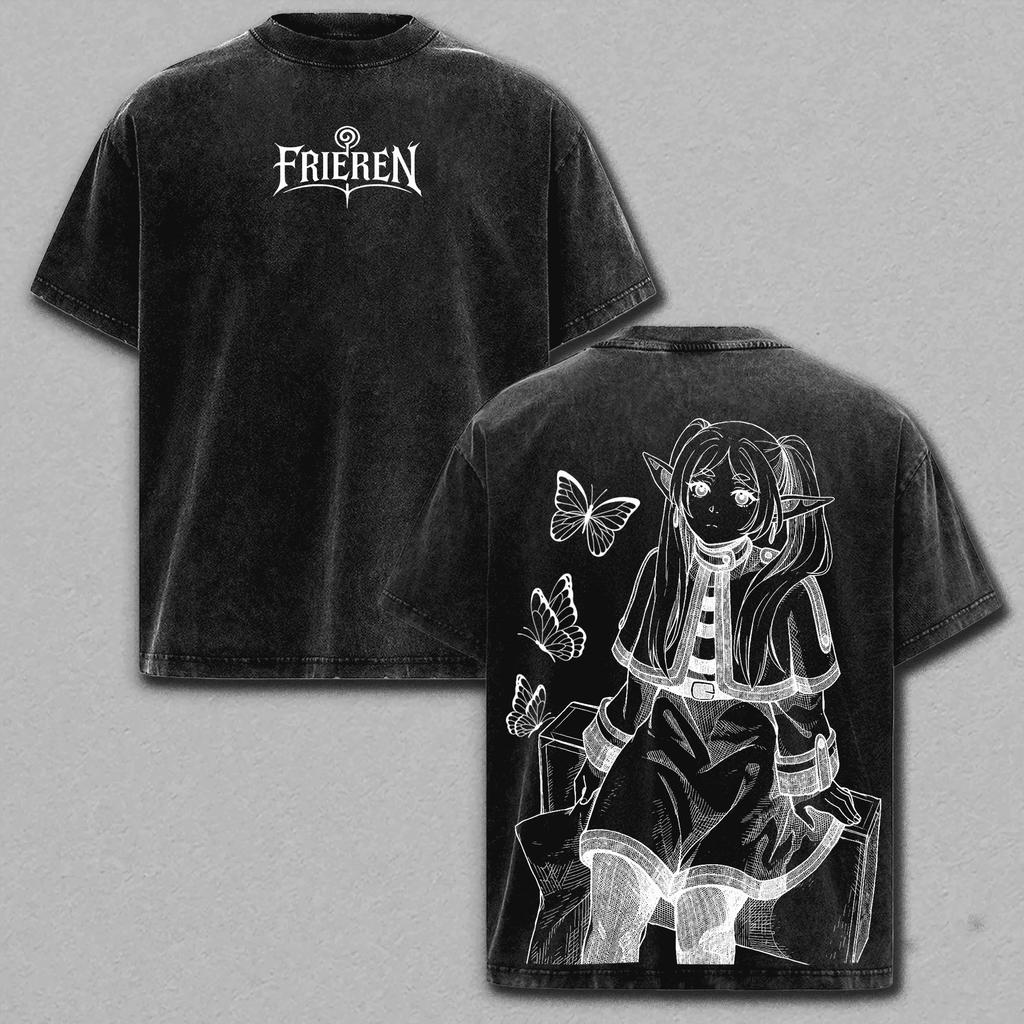 Manga Frieren Cute Printed T-shirt Vintage Washed Oversized T Shirt Summer Short Sleeve Pure Cotton Soft Tees Tops Men Clothing