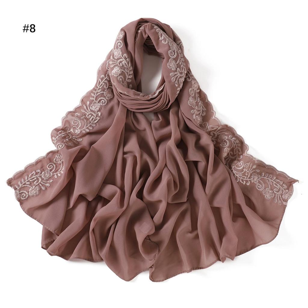 Embroidery Lace Chiffon Hijabs For Women Vine Heavy Pearl Industry Edge Long Scarf Light Scarf Headscarf Shawl Turban Ramadan