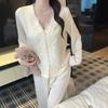 Pajamas women's long-sleeved trousers sweet spring and summer ice silk thin princess style lace V-neck high-end French loungewear