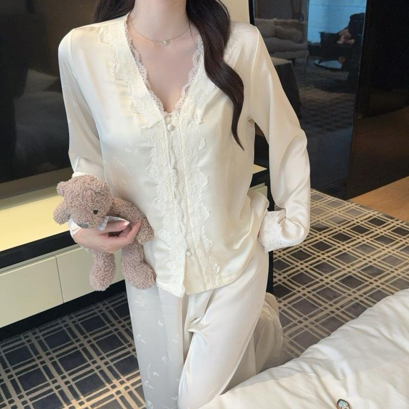Pajamas women's long-sleeved trousers sweet spring and summer ice silk thin princess style lace V-neck high-end French loungewear