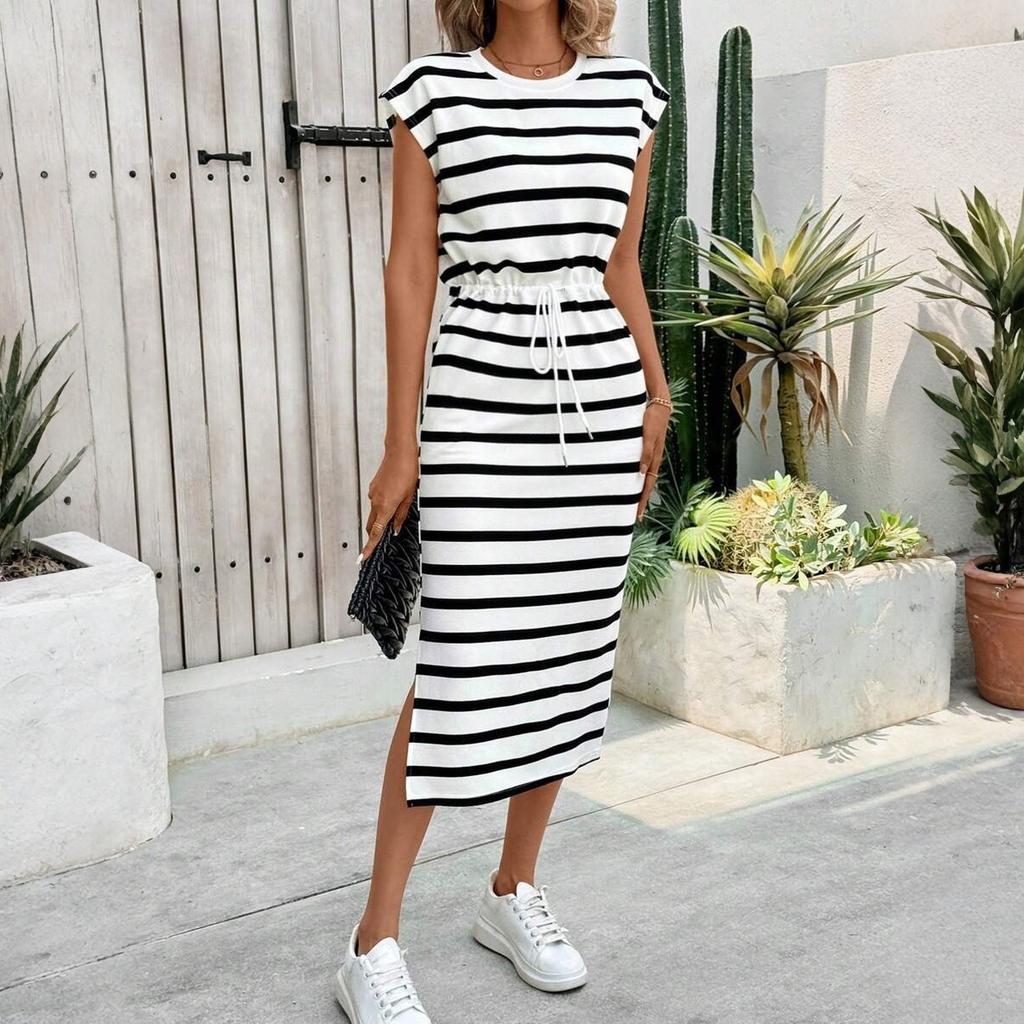 Women's Fashion Striped Loose Slit Round Neck Casual Dress