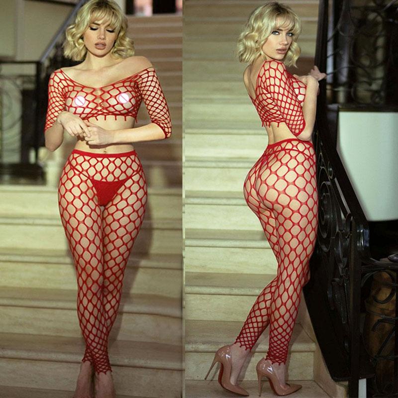 Fashion Hollow Out Bodysuit Women Sexy Lingerie Fishnet Bodystockings Sheer Mesh Underwear Erotic Outfits Open Crotch Tights