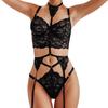 Floral Lace Garter Lingerie Set Deep V Neck 3 Piece Bra and Panty Garter Set for Women Female Black S