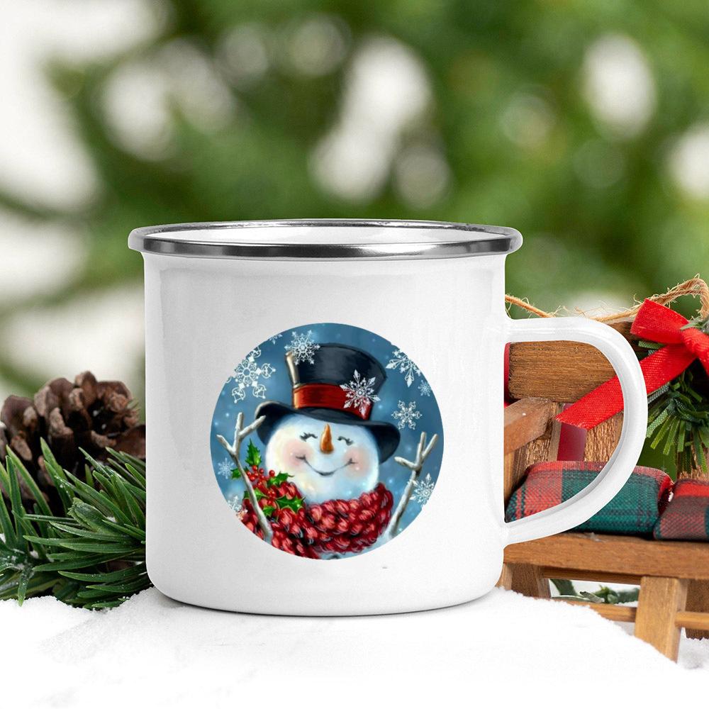 Snowman Printed Mug Enamel Coffee Milk Juice Cup white Handle Wine Beer Mugs Banquet Table Decorations Winter Christmas Eve Gift