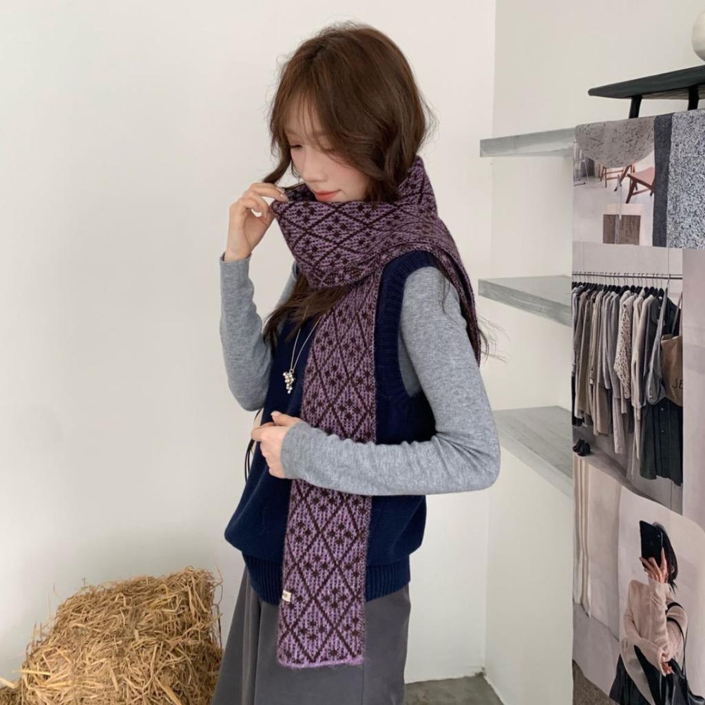 Korean version of retro rhombus knitted scarf for women, thickened in autumn and winter, warm and versatile, cold-proof atmosphere, neck protection rf