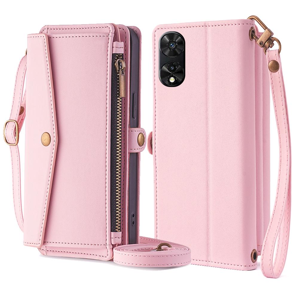 For TCL 505 Case Card Holder Zipper Wallet Folding Stand Leather Phone Cover with 2 Straps