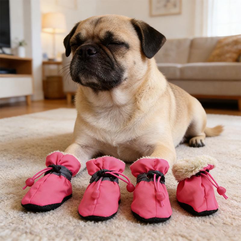 4PCS/Set Fleece Lining Puppy Waterproof Breathable Drawstring Design Cute Pet Shoes Winter Outings Multiple Colors