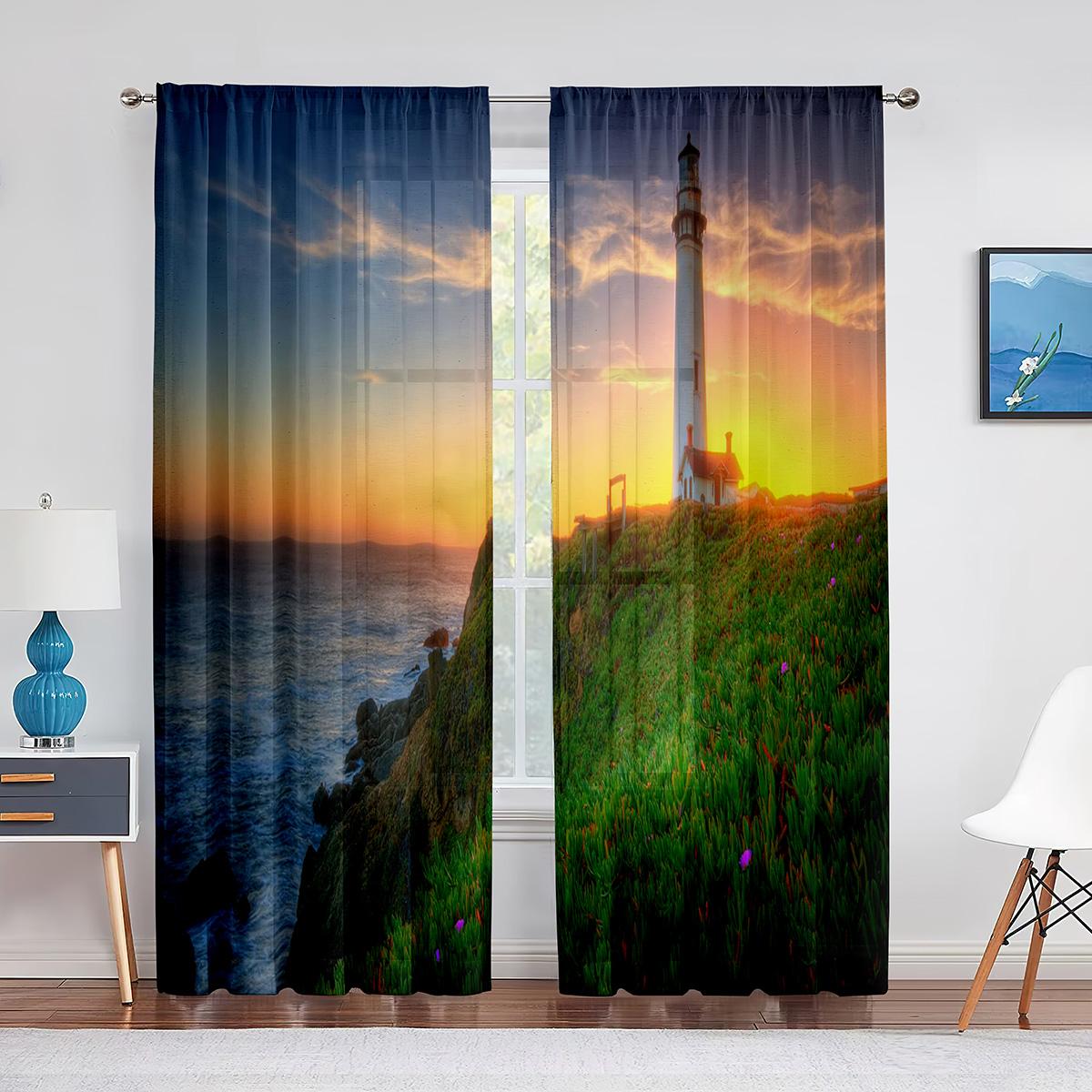 

Маяк Восход Морского Побережья Пейзаж Прозрачная Вуаль Шторы для Гостиной Спальня Кухня Современная Тюлевая Занавеска Для Окна Домашний Декор 1 PCS W100XH250cm&Grommet Top
