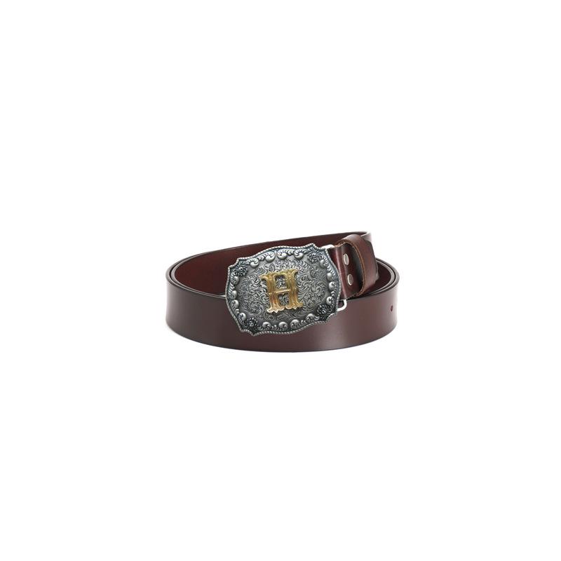 Western Cowboy Zinc Alloy Buckle Cowhide Patterned Elastic Belt for Men - Retro Knight Style