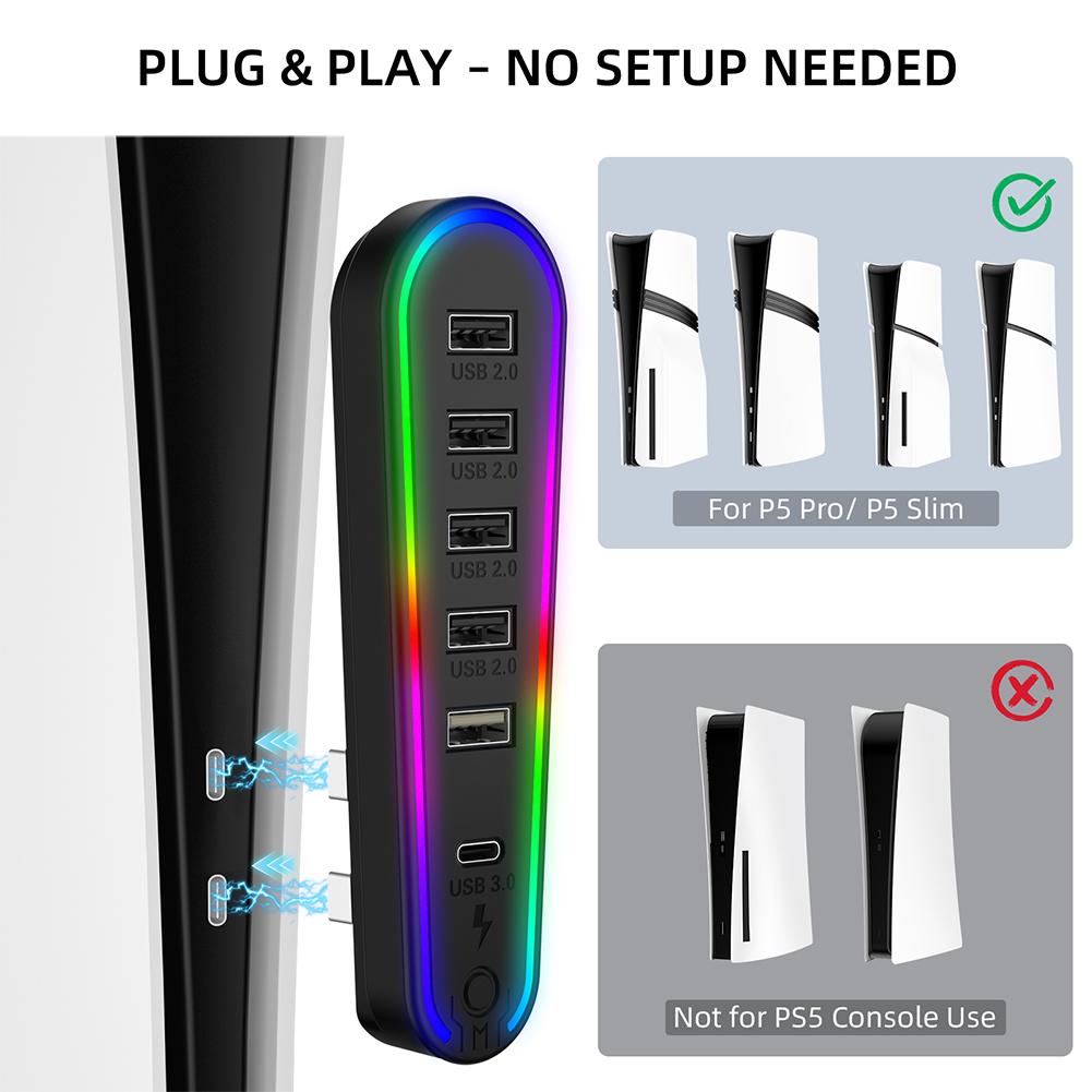 6 in1 USB Hub High-Speed Extra USB Port Extender with RGB Light Charger Adapter Converter for PlayStation 5 Pro/Slim Accessories