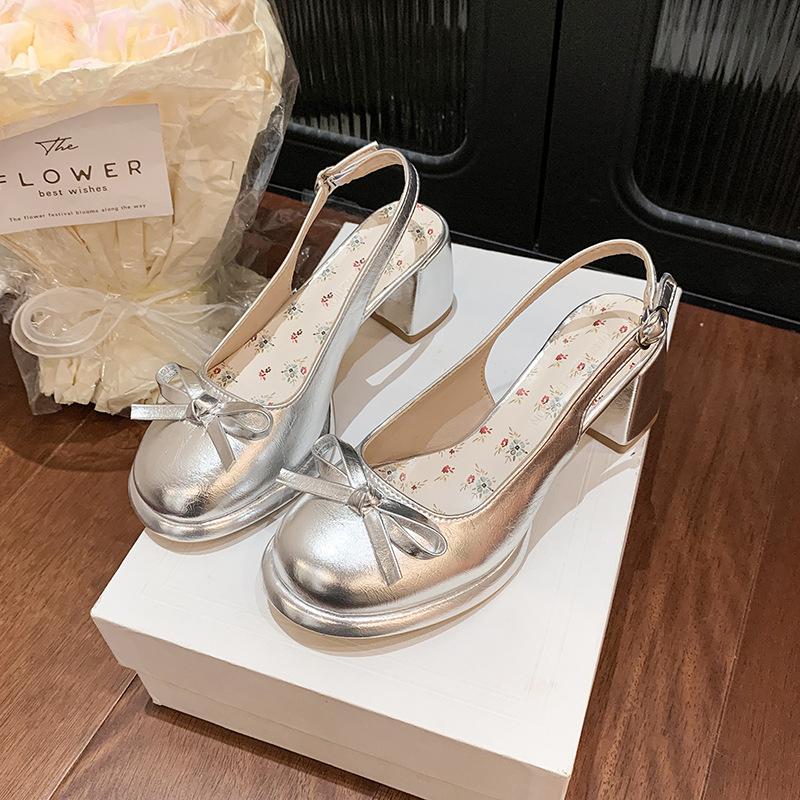 

Женские туфли на танкетке с бантом, новая обувь с открытым носком и квадратным носком, с юбкой, темпераментные туфли-шлепанцы на высоком каблуке 39 серебряный