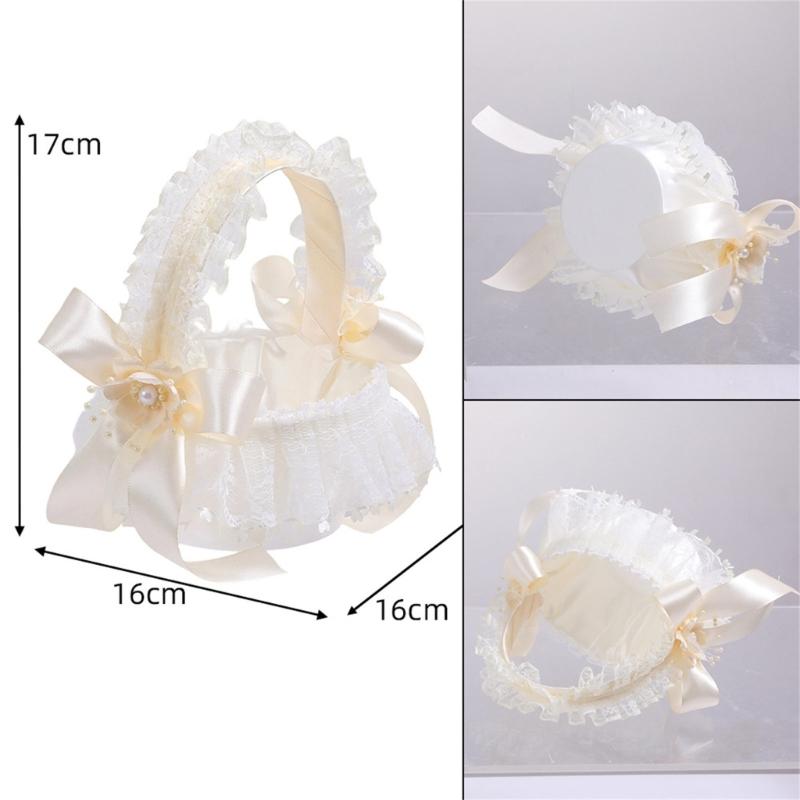 Wedding Flower Girl Basket with Lace Trim Handle Bowknot Flower Baskets for Wedding Ceremony Party Floral Arrangement