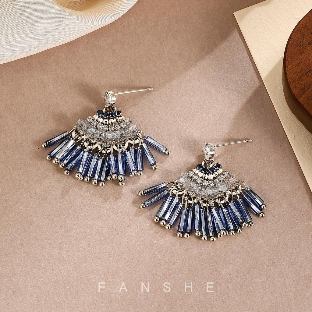 Japan and Korea Light Luxury Zircon Crystal Fan-shaped Fringed Earrings Bohemian Style Stud Earrings Temperament Advanced Handmade Earrings