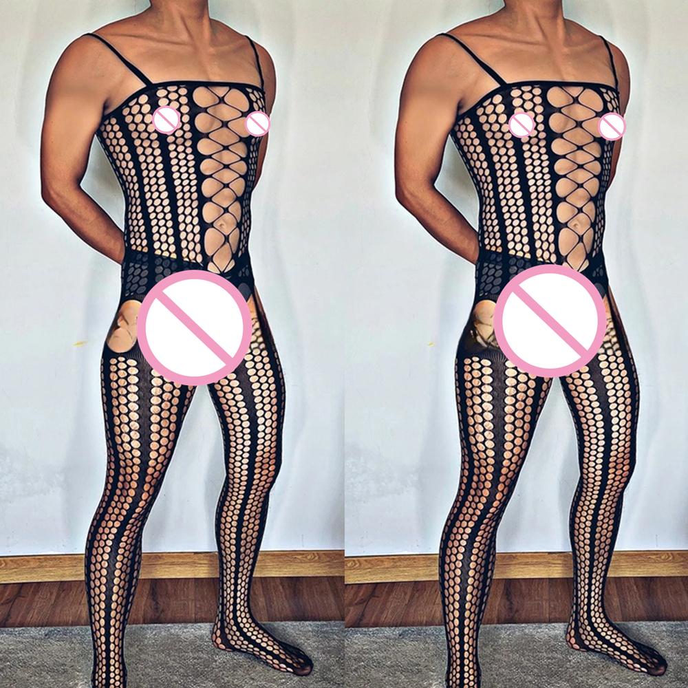 Plus Size Men's Black Sexy Lingerie Fishnet Body Stockings Male Underwear Exotic Lingerie for Man Open Crotch Transparent Tights Comfortable Stretchy