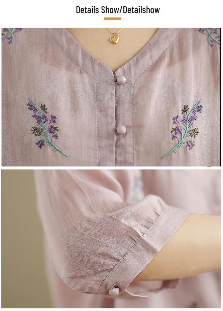 Women's V-Neck Cotton & Linen Embroidered Shirt with 5-Point Sleeves - New Chinese Style, Loose Fit, Versatile for Summer.