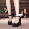 Crystal Queen High Heels Platform Wedge Female Pumps Women's Flock Buckle Bowtie Ankle Strap Wedding Shoes Round Black 8cm 10cm