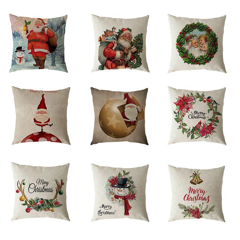 Santa Claus Pillow Case Snowman Color Ball Christmas Wreath Linen Pillow