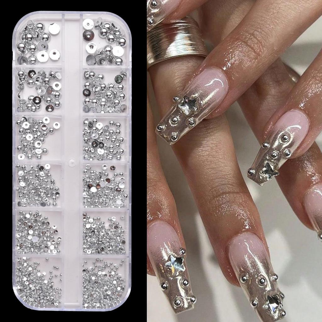 12-Grid Colorful Pearl Nail Art Decorations: Mixed-Size, Full/Half Round, Flat-Back Pearls for DIY.