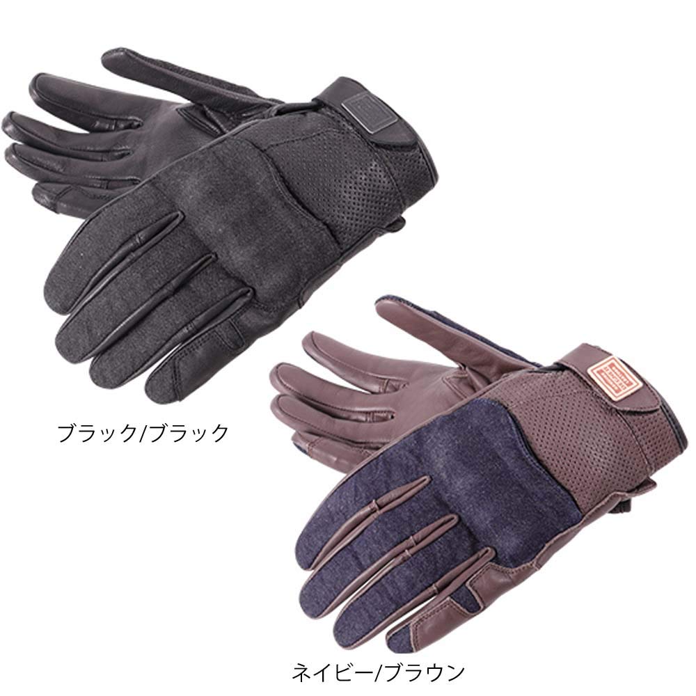 Degner TG-54 Leather Denim Combination Gloves with Built-in Knuckle Guard and Smartphone Compatible, Navy (Navy/Brown), S Size, Navy