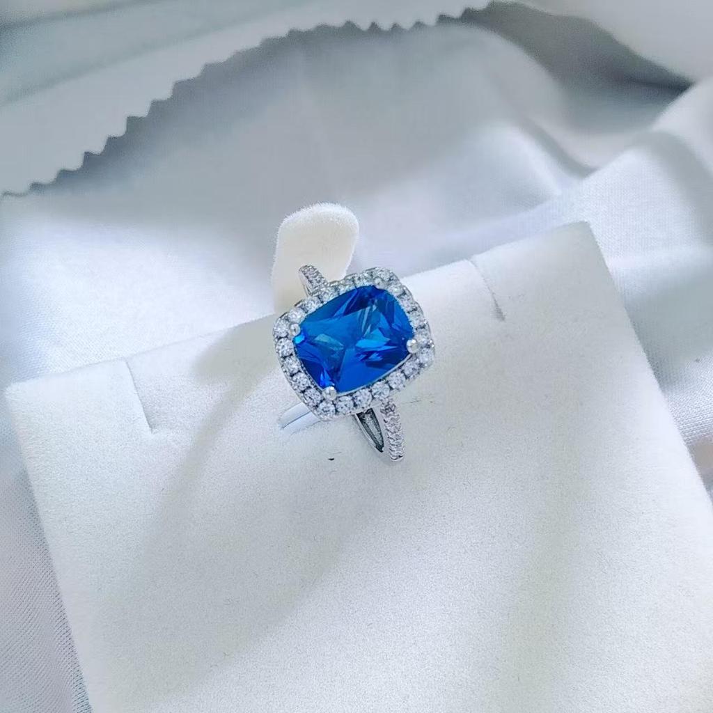 European & American Sapphire-Inspired Jewelry Set: Versatile Necklace, Ring & Earrings Adorned with Full Diamonds for Women.