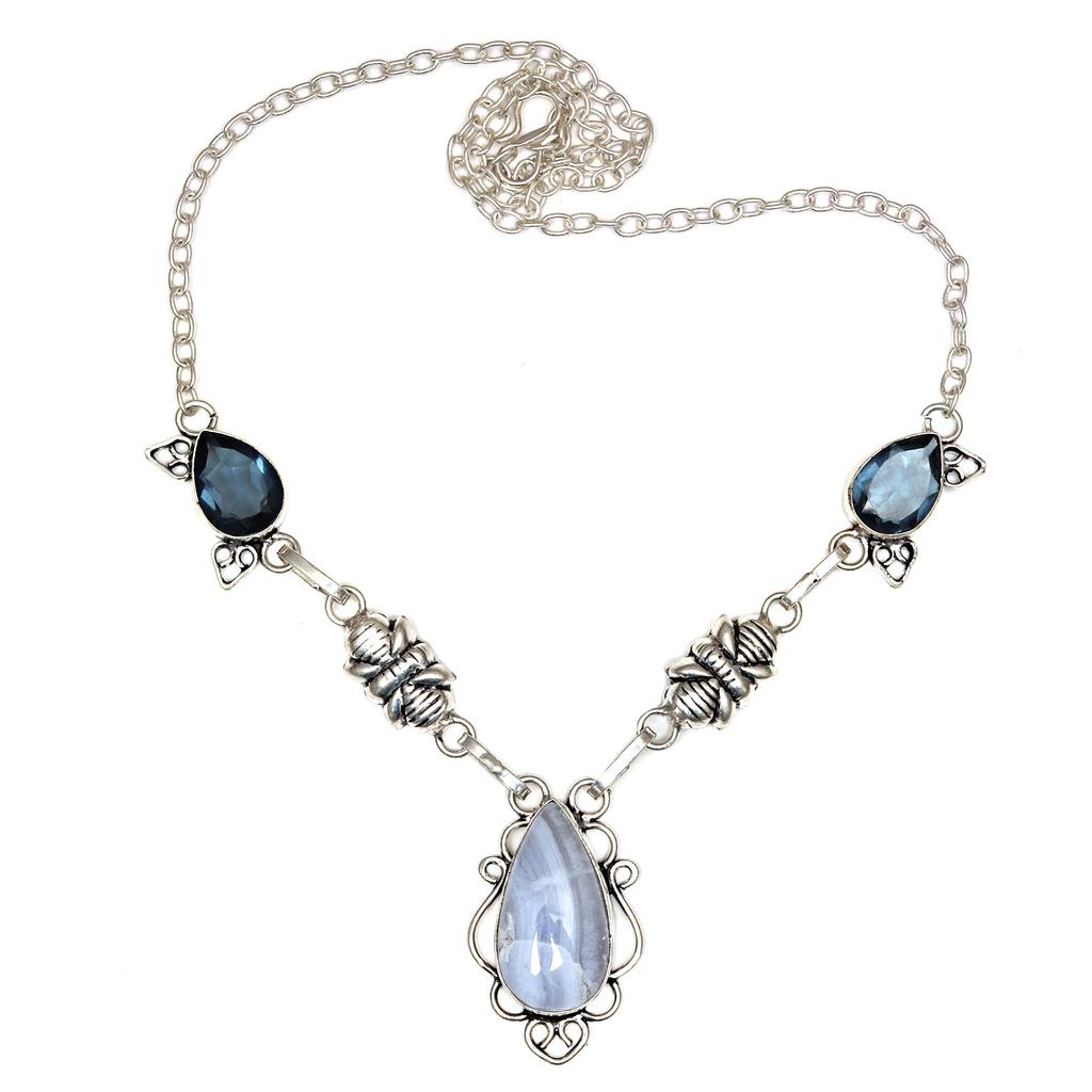 Lace Agate Pendant Blue Silver Jewelry 2.75" Gemstone Quartz Tanzanite