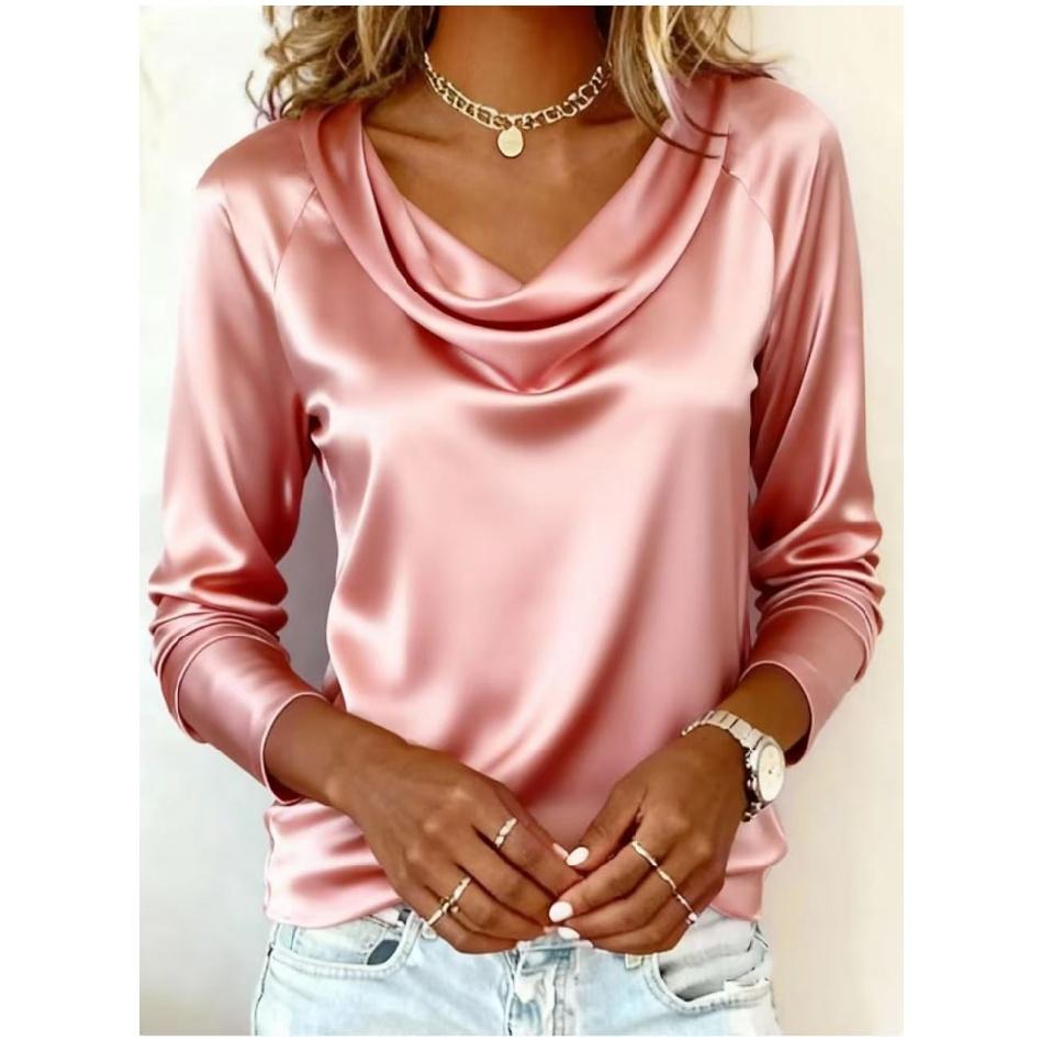 Spring Autumn Versatile Office Draped Collar Flowy Long-Sleeve Blouse - Stylish Elegant 100% Polyester Shirt