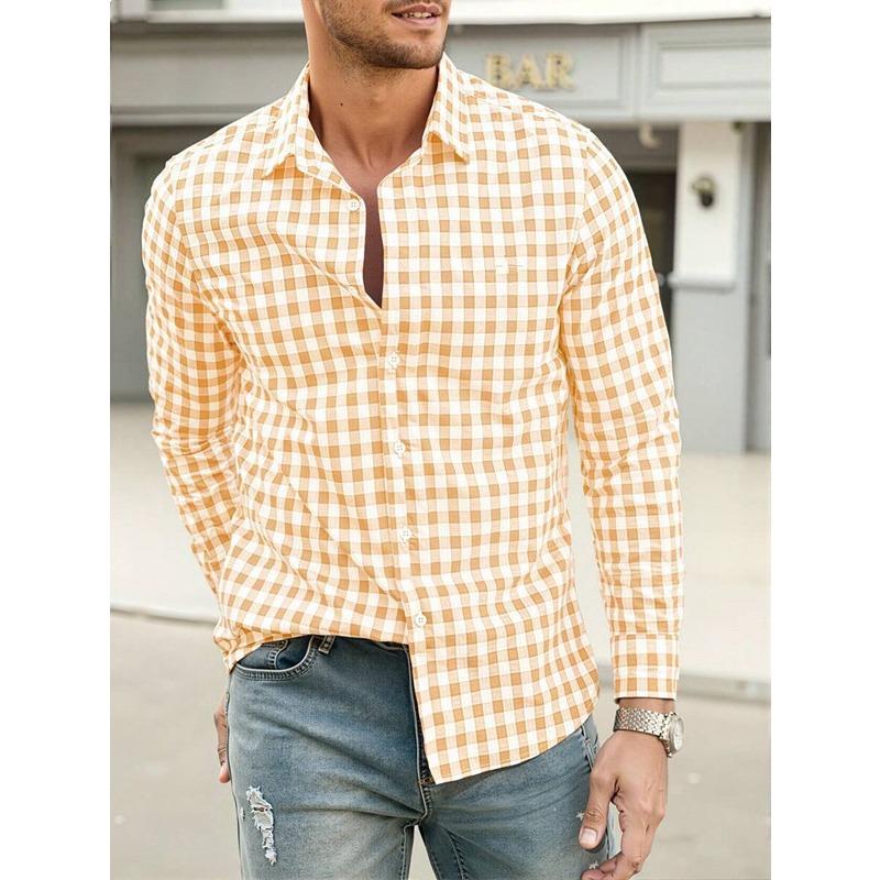 Men Casual 3d Digital Print Plaid Turn Down Collar Long Sleeve Breathable Shirt