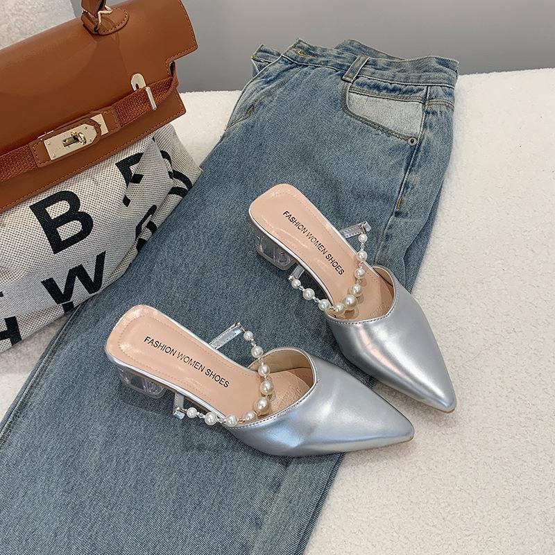 High-heeled Single Shoes Pearl Bag Head Sandals Summer Thick Heel with Slippers Female Outer Wear Pointed Head Half Drag Middle Heel Fairy