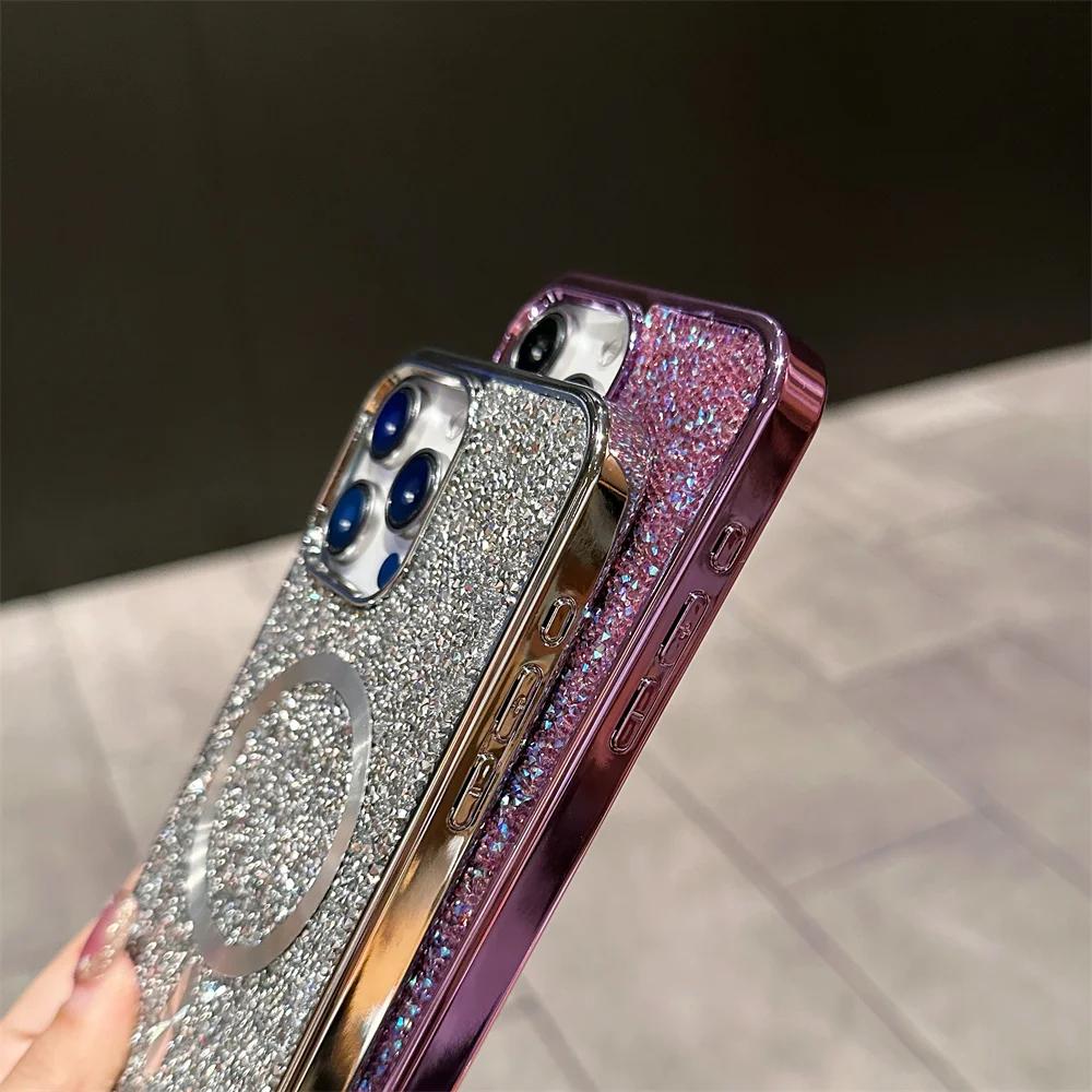 Luxusní třpytivý diamantový magnetický kryt na telefon pro IPhone 17 16 15 14 Plus 13 12 Pro Max pro Magsafe kryt pro bezdrátové nabíjení