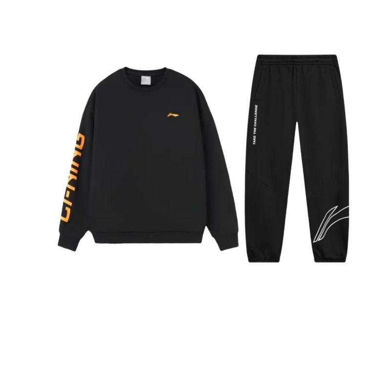 Li-Ning Letter Print Loose Round Neck Pullover Long Sleeve Sweatshirt Casual Sports Suit Unisex Sweatshirt, Pants Black AKLTD71-1+AWDRF44-1
