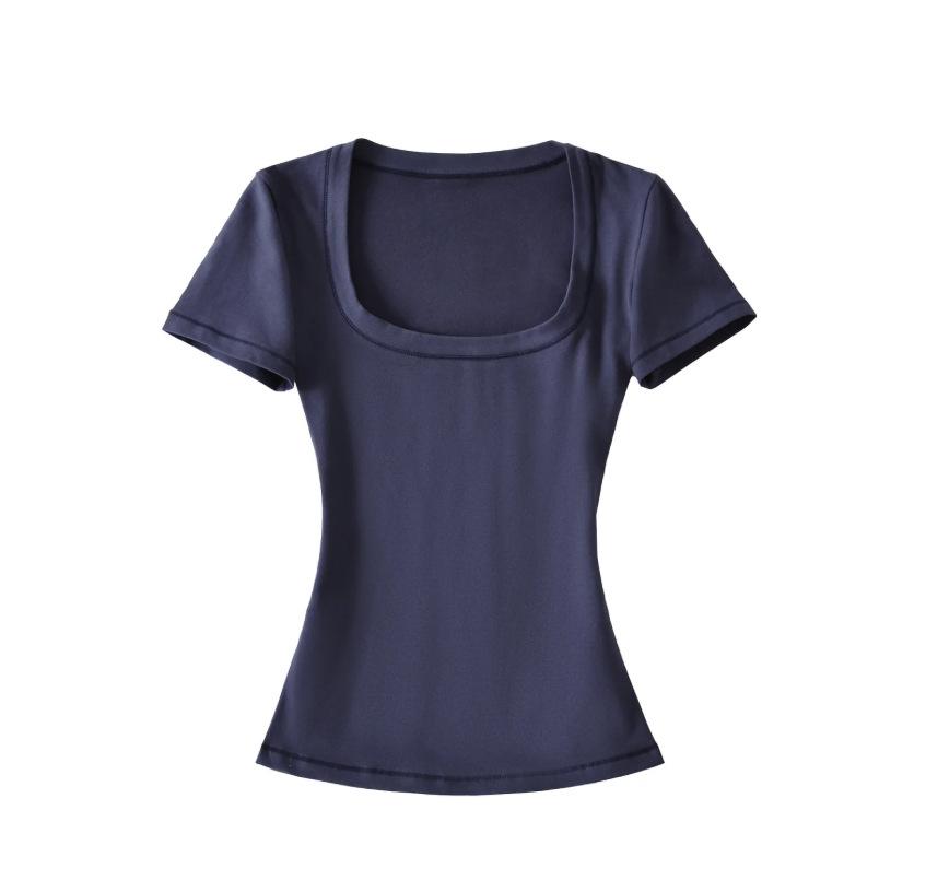 U-neck ant waist short-sleeved T-shirt women's summer new American Spice Girl style solid color slim-fitting bottoming top