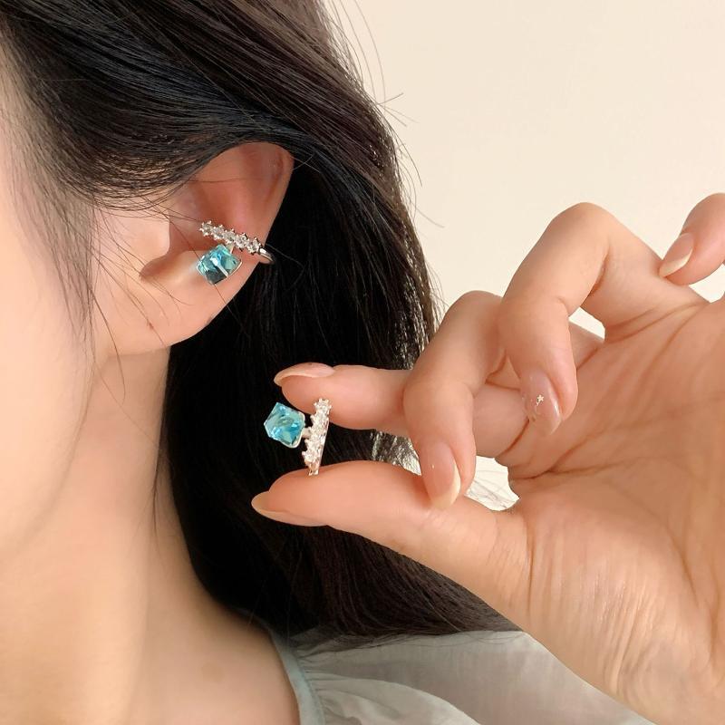 Shiny Blue Zircon Adjustable Non Piercing C Shape Rhinestone Clip Earrings For Women Daily Party Banquet