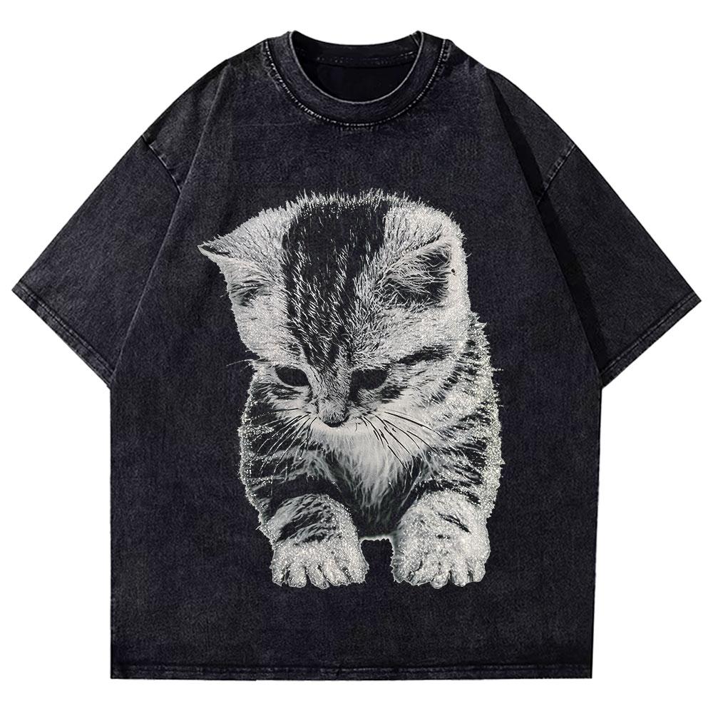 Sad Kitten Shirt Vintage Washed Unisex Oversized Funny Streetwear Soft Cotton Short Sleeve Tee Gift Clothing Tops 2026 Hot Sale