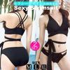 [Clove Cube] Double Cross Bikini Women's Swimsuit, Sexy, Simple, Ribbon, Black, Chic, with Pads (M Medium)