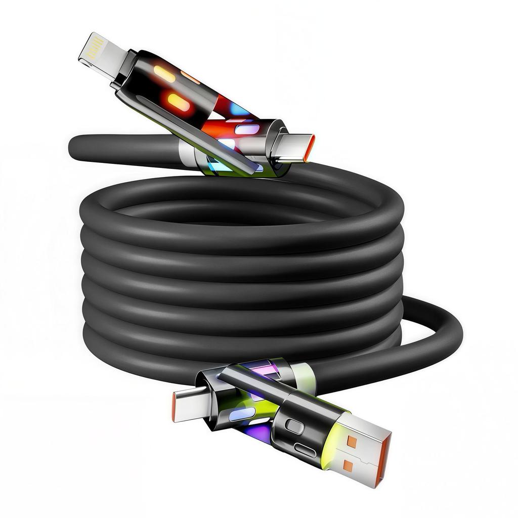 Cabo PD Multi-Cabeça 6A de Carregamento Super Rápido: Compatibilidade 4 em 1 Tipo-C e Apple, Compatível com Carregadores de Carro Huawei, Capacidade de Carregamento Duplo.
