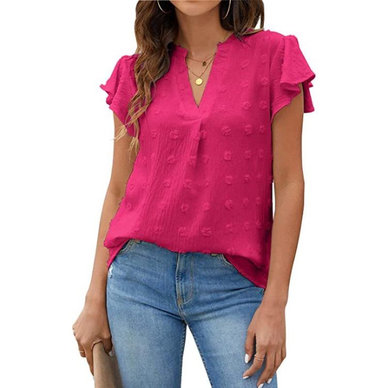 GMXIA Women's Fashion Casual Leisure Summer Solid Color Print Short Sleeve V-Neck Blouses & Shirts