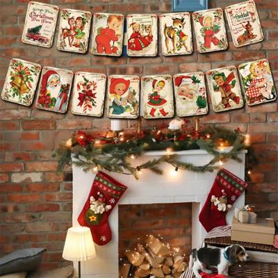 Merry Christmas Banner Vintage Christmas Banner-Merry Fireplace Banner Garland Retro Santa For Home Fireplace Indoor Home Party