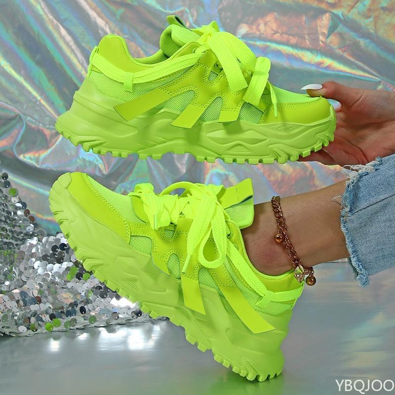 Ladies' Fashionable Yellow Height Increasing Thick Soled Sports Shoes Outdoor Lace Up Casual Plus Size Trendy Women's Shoes