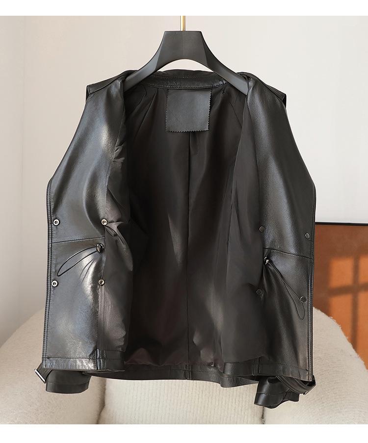 Dámská luxusní krátká motorkářská bunda z ovčí kůže podzim/zima 2024