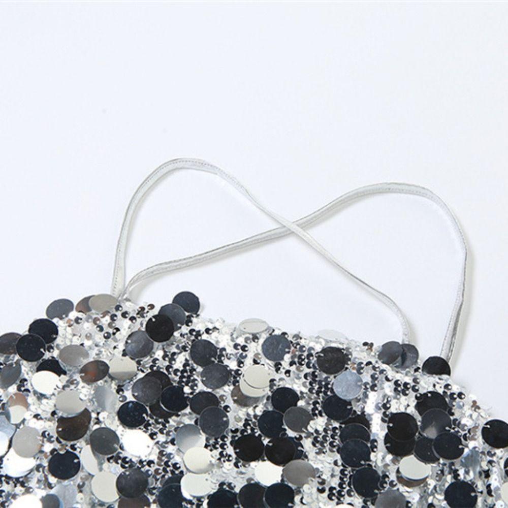 Beachwear Silver Sequin Camisole Short Women's Lace-Up Vest Design Glitter Tank Top Vacation
