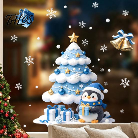 Christmas Window Clings Tree/Santa Claus Clings, Blue PVC Waterproof Static Glass Stickers, Decorative Film for Windows Winter Wall Decals Holiday