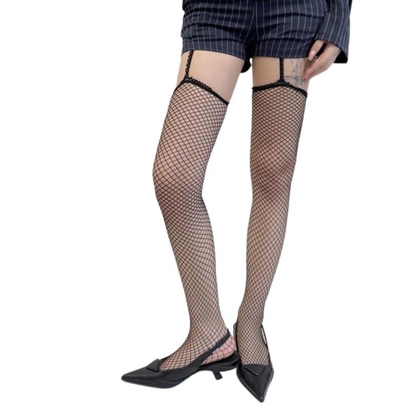 Fishnet Thigh High Garter Stockings Footed Tights for Women Girls Lace Garter Belt Tights Suspender Pantyhose Streetwear