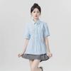 Women's Blue Pleated Polo Collar Short Sleeve Shirt - Trendy Summer Design