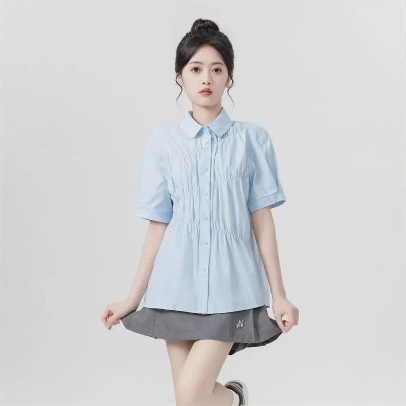 

Women s Blue Pleated Polo Collar Short Sleeve Shirt - Trendy Summer Design S