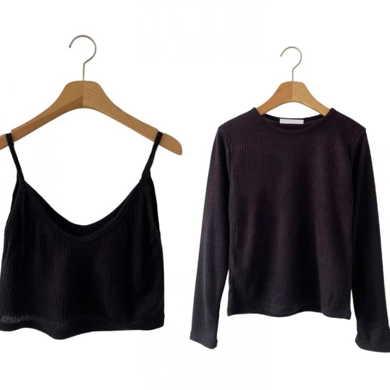 New Arrivals Open Run Women Slim Fit Ribbed Knit Long Sleeve Bustier Set