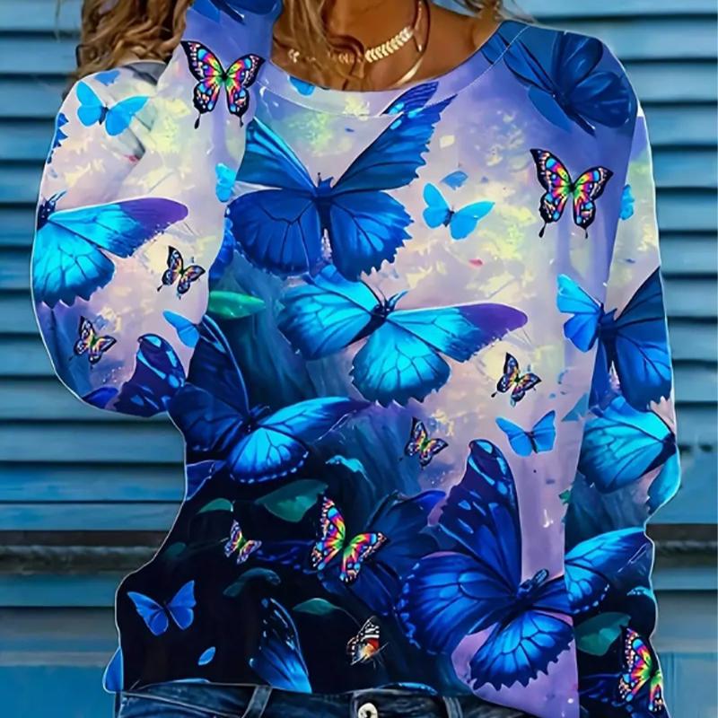 

Топы для женщин с принтом цветов и бабочек, круглый вырез, длинный рукав, футболка, осенний повседневный тонкий пуловер, женский топ с длинным рукавом 8XL синий