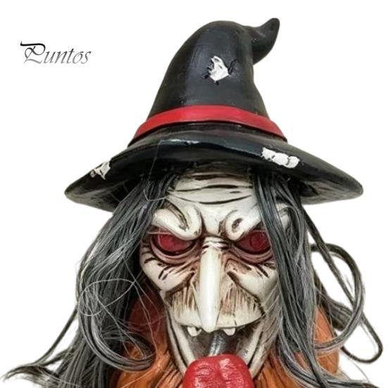 Decorative Holiday Statue Halloween Long Tongue Witch Pumpkin Ornament, Spooky Gothic Desktop Resin Farmhouse Decor Figurine, Collectible Tabletop